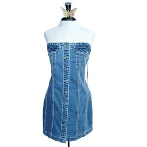 Forever 21 Jean Mini Strapless Dress Women XL Blue Dark Denim Cotton Club Date